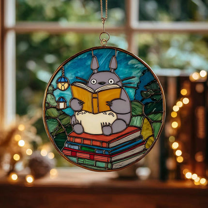 Totoro Reading Glass Suncatcher, Stained Glass Anime Window Art, Studio Ghibli Gift, Bookish Home Decor