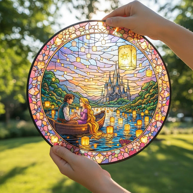 Rapunzel and Flynn Rider Scene Glass Suncatcher, Tangled Movie Night Lake Moment, Romantic Stained Glass, Valentine's Gift