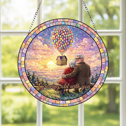 Carl and Ellie Growing Old With You Scene Glass Suncatcher, Up Movie Balloon House Sunset Suncatcher, Anniversary Gift for Husband Wife