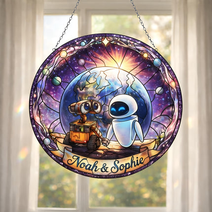 WALL·E and EVE Love Scene Glass Suncatcher, Pixar Robot Romance Earth Space, Disney Suncatcher, Anniversary Gift for Husband Wife