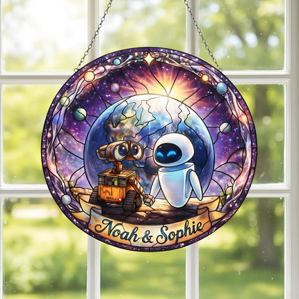 WALL·E and EVE Love Scene Glass Suncatcher, Pixar Robot Romance Earth Space, Disney Suncatcher, Anniversary Gift for Husband Wife