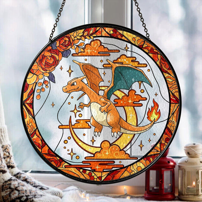 Charizard Stained Glass Suncatcher, Pokemon Window Art, Haunted Garden Home Decor Gift, Pokemon Fan Decor, Window Suncatcher