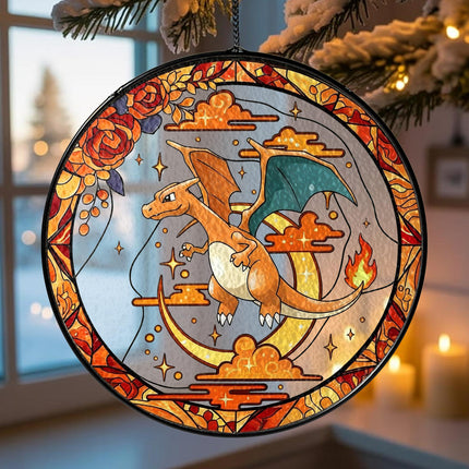 Charizard Stained Glass Suncatcher, Pokemon Window Art, Haunted Garden Home Decor Gift, Pokemon Fan Decor, Window Suncatcher