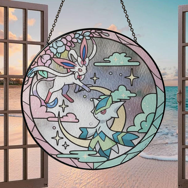 Sylveon & Leafeon Stained Glass Suncatcher Ornament – Cute Pokemon Window Hanging Decor, Anime Fan Gift, Pastel Home Accent