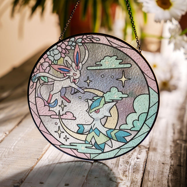 Sylveon & Leafeon Stained Glass Suncatcher Ornament – Cute Pokemon Window Hanging Decor, Anime Fan Gift, Pastel Home Accent