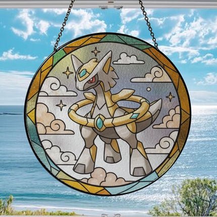 Arceus Stained Glass Suncatcher Ornament – Legendary Pokemon Window Hanging Decor, Anime Fan Gift, Stained Glass Style Art