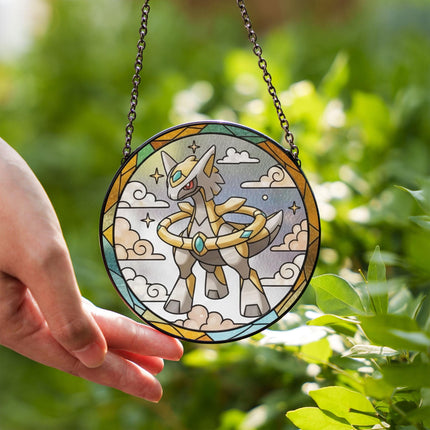 Arceus Stained Glass Suncatcher Ornament – Legendary Pokemon Window Hanging Decor, Anime Fan Gift, Stained Glass Style Art