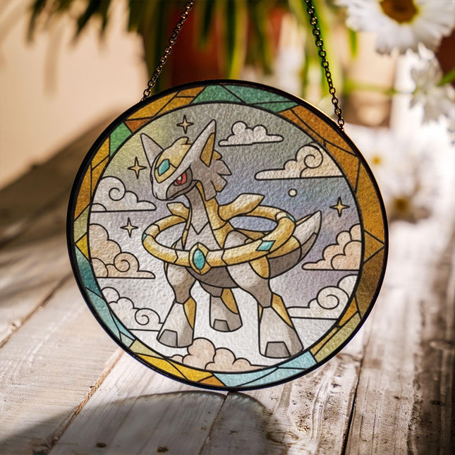 Arceus Stained Glass Suncatcher Ornament – Legendary Pokemon Window Hanging Decor, Anime Fan Gift, Stained Glass Style Art