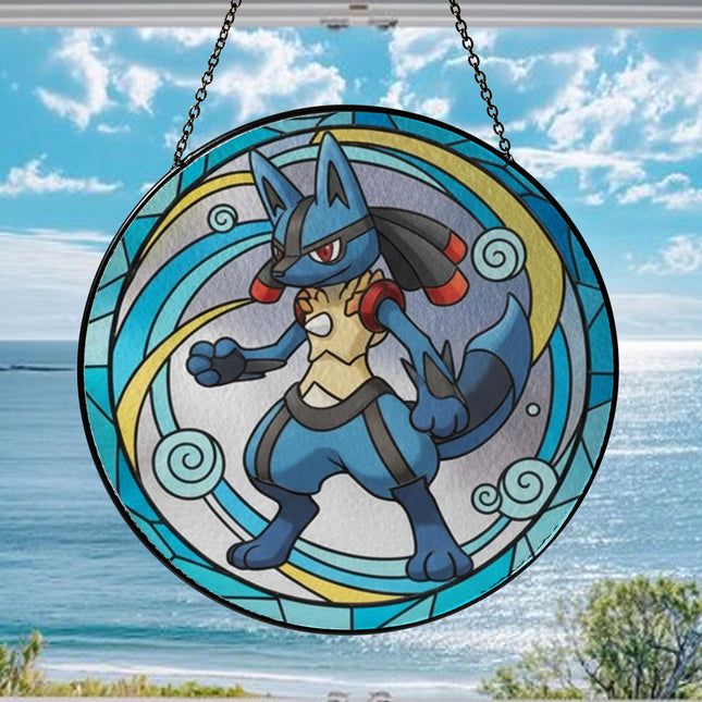 Lucario Acrylic Suncatcher Ornament – Pokemon Window Hanging Decor, lucario gift, Anime Fan Gift, Stained Glass Style Art