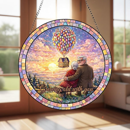 Carl and Ellie Growing Old With You Scene Glass Suncatcher, Up Movie Balloon House Sunset Suncatcher, Anniversary Gift for Husband Wife