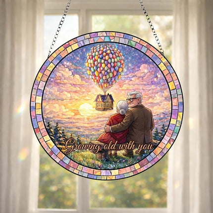 Carl and Ellie Growing Old With You Scene Glass Suncatcher, Up Movie Balloon House Sunset Suncatcher, Anniversary Gift for Husband Wife