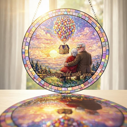 Carl and Ellie Growing Old With You Scene Glass Suncatcher, Up Movie Balloon House Sunset Suncatcher, Anniversary Gift for Husband Wife