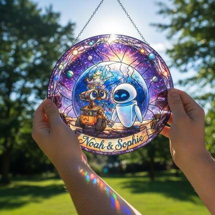 WALL·E and EVE Love Scene Glass Suncatcher, Pixar Robot Romance Earth Space, Disney Suncatcher, Anniversary Gift for Husband Wife