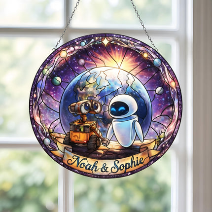 WALL·E and EVE Love Scene Glass Suncatcher, Pixar Robot Romance Earth Space, Disney Suncatcher, Anniversary Gift for Husband Wife