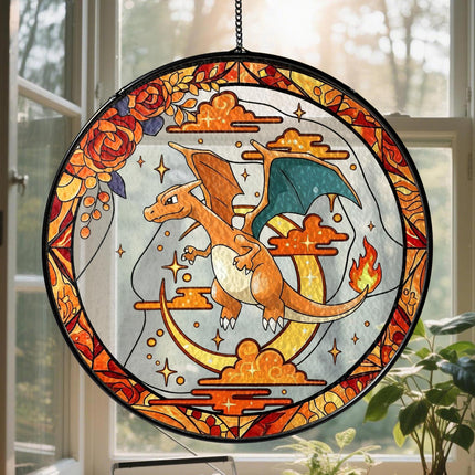Charizard Stained Glass Suncatcher, Pokemon Window Art, Haunted Garden Home Decor Gift, Pokemon Fan Decor, Window Suncatcher