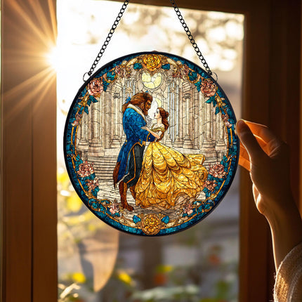 Beauty And The Beast Acrylic Suncatcher, Stained Glass Style Romantic Couple Window Hanging, Fairytale Love Decor, Princess Movie Inspired