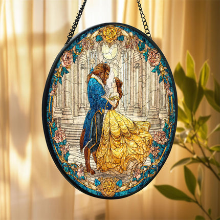 Beauty And The Beast Acrylic Suncatcher, Stained Glass Style Romantic Couple Window Hanging, Fairytale Love Decor, Princess Movie Inspired