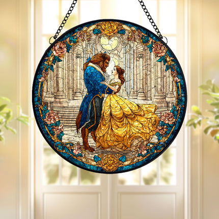 Beauty And The Beast Acrylic Suncatcher, Stained Glass Style Romantic Couple Window Hanging, Fairytale Love Decor, Princess Movie Inspired