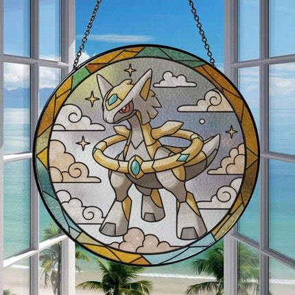 Arceus Stained Glass Suncatcher Ornament – Legendary Pokemon Window Hanging Decor, Anime Fan Gift, Stained Glass Style Art