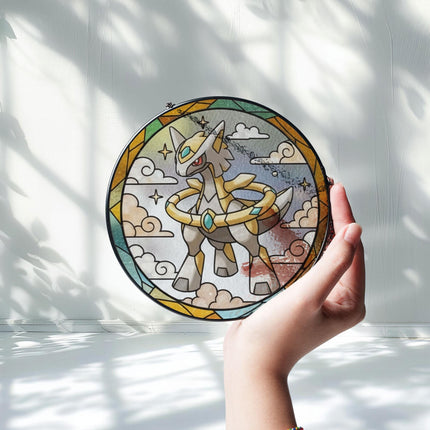 Arceus Stained Glass Suncatcher Ornament – Legendary Pokemon Window Hanging Decor, Anime Fan Gift, Stained Glass Style Art