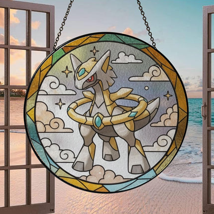 Arceus Stained Glass Suncatcher Ornament – Legendary Pokemon Window Hanging Decor, Anime Fan Gift, Stained Glass Style Art