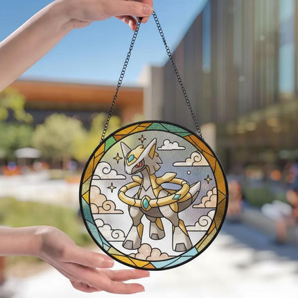 Arceus Stained Glass Suncatcher Ornament – Legendary Pokemon Window Hanging Decor, Anime Fan Gift, Stained Glass Style Art