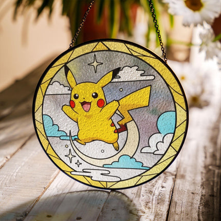 Pikachu Acrylic Suncatcher Ornament, Cute Pokémon Window Hanging Decor, Anime Fan Gift, Stained Glass Style Suncatcher