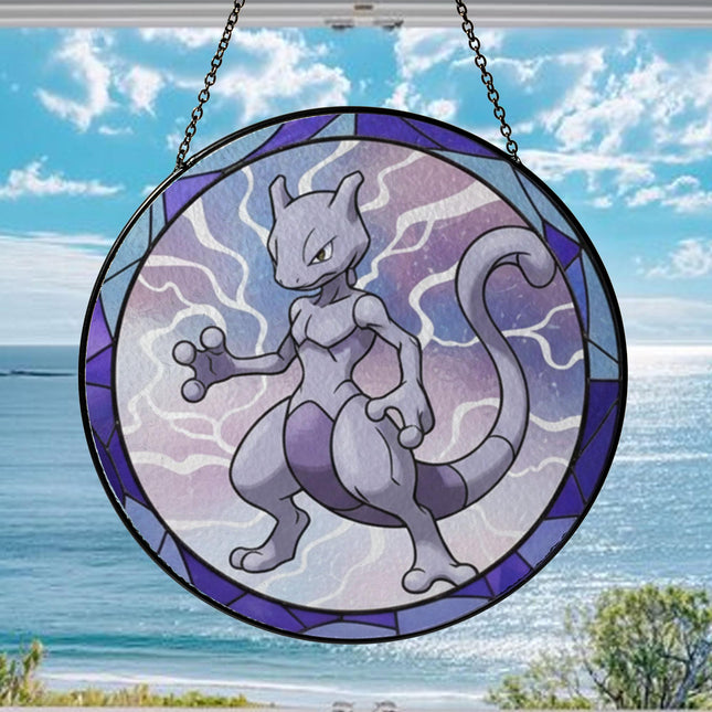 Mewtwo Acrylic Suncatcher – Legendary Pokemon Window Hanging Decor, Mewtwo Stained Glass Style Ornament, Anime Fan Gift, Pokemon Room Decor