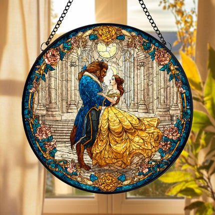 Beauty And The Beast Acrylic Suncatcher, Stained Glass Style Romantic Couple Window Hanging, Fairytale Love Decor, Princess Movie Inspired