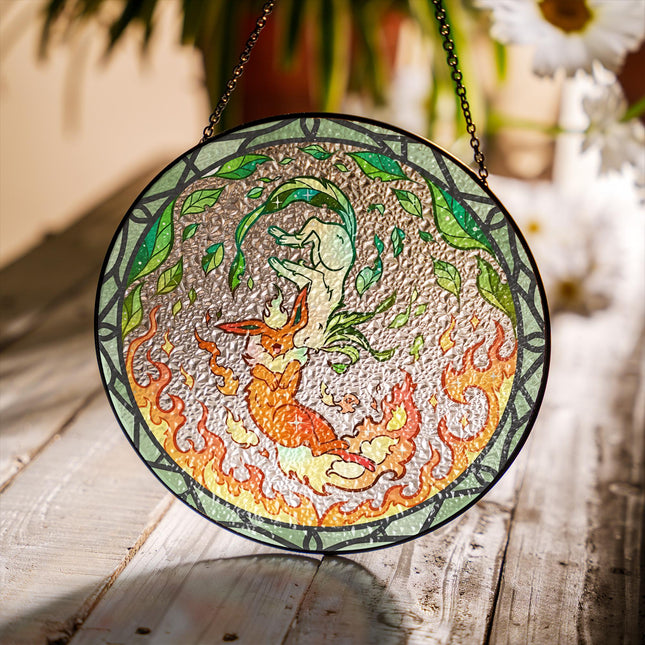 Flareon & Leafeon Stained Glass Window Hanging, Cute Pokémon Decor, Cherry Blossom Gift for Anime Fans, Pokémon Gift For Home Decor