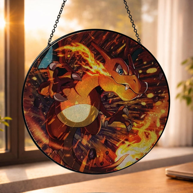 Charizard Suncatcher, Pokemon Fire Moon Window Hanging, Acrylic Glass Suncatcher, Fantasy Home Decor, Anime Pokemon Fan Gift