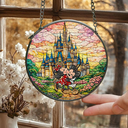 Mickey Minnie Stained Glass Suncatcher, Anniversary Gift for Husband Wife, Disney Couple Decor