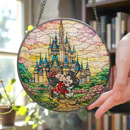 Mickey Minnie Stained Glass Suncatcher, Anniversary Gift for Husband Wife, Disney Couple Decor
