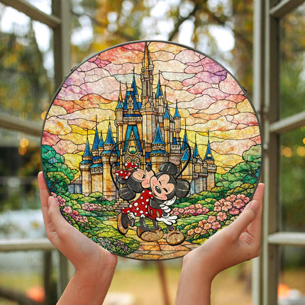 Mickey Minnie Stained Glass Suncatcher, Anniversary Gift for Husband Wife, Disney Couple Decor